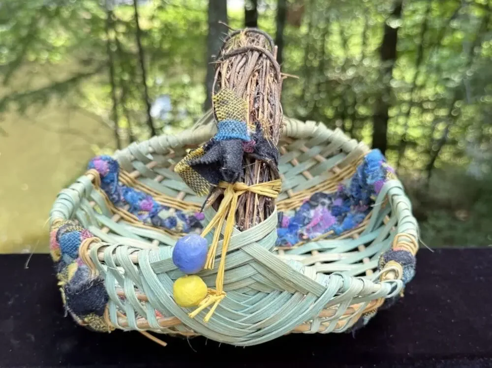 Vintage Woven African Egg Basket Super Colorful With Rag Bead Accents